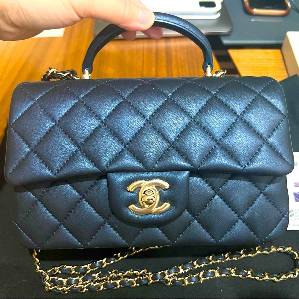 NEW CHANEL Lambskin Quilted Mini Top Handle Rectangular Flap in Pearl Blue Navy
